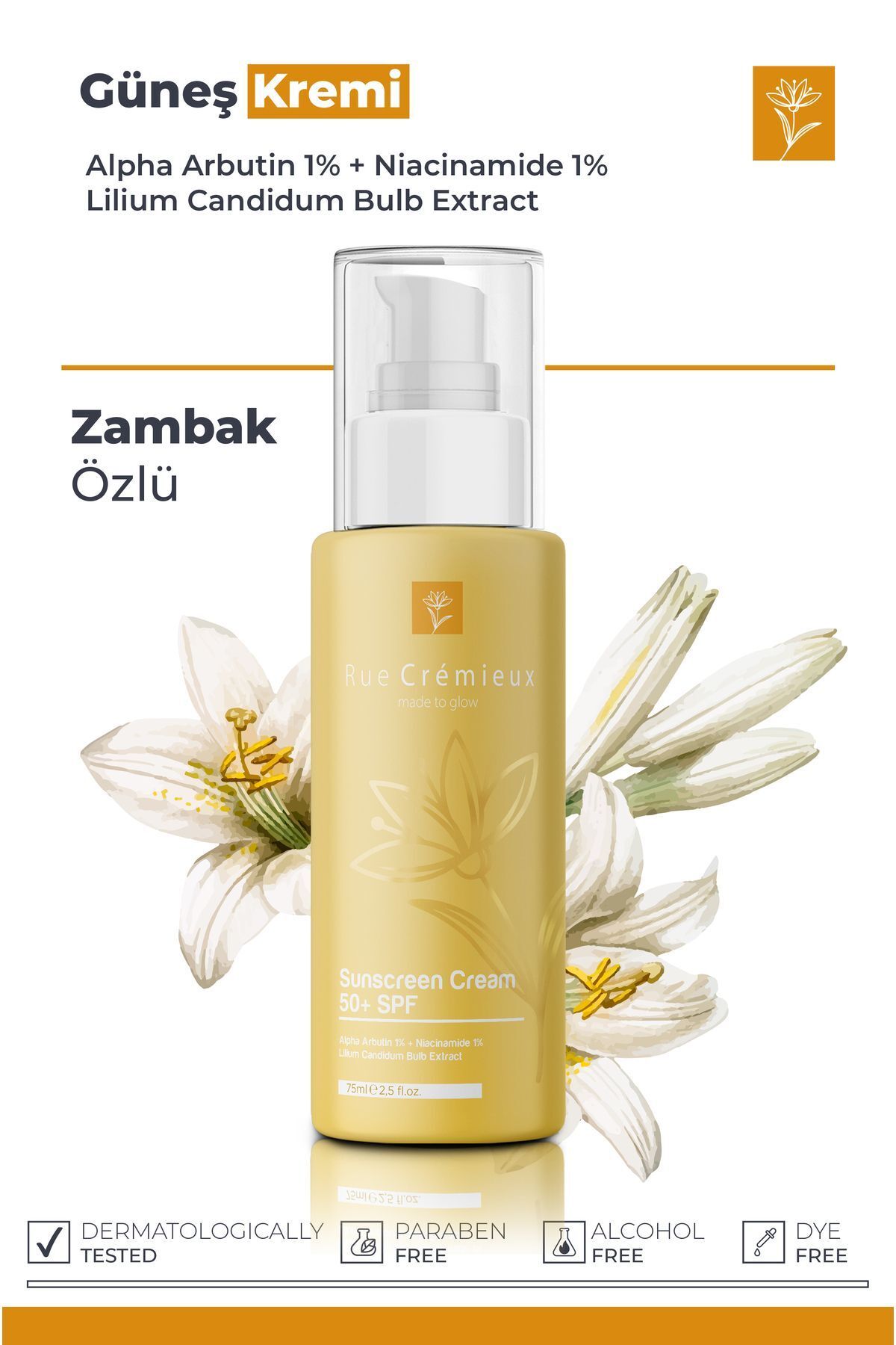 Leke Karşıtı Ve Nemlendirici Spf 50 Zambak Özlü Güneş Kremi 75ml (ARBUTİN NİAC %1) - Tk