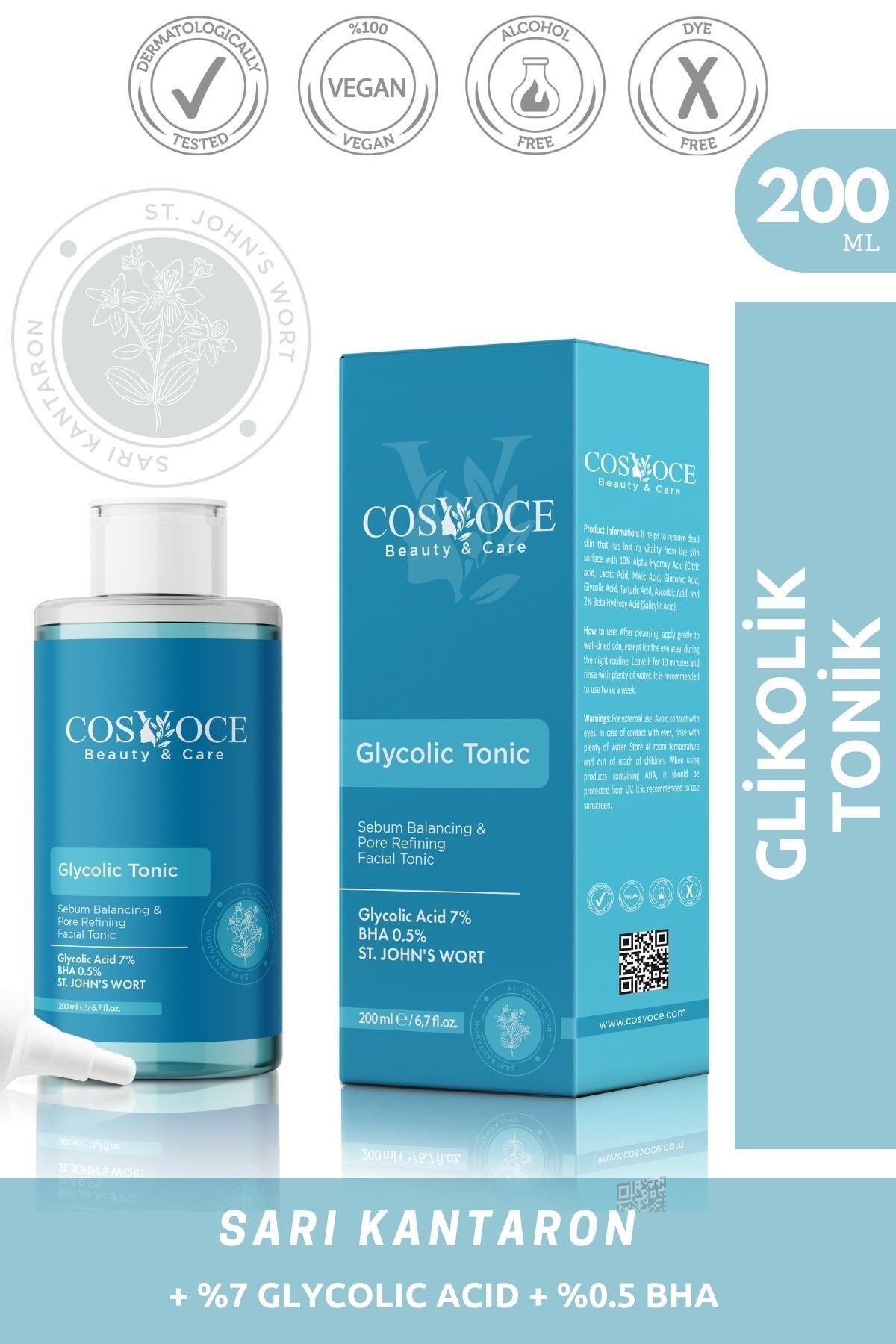 Canlandırıcı ve Gözenek Sıkılaştırıcı Glikolik Asit Tonik 200 ml (Glycolic Asid %7)