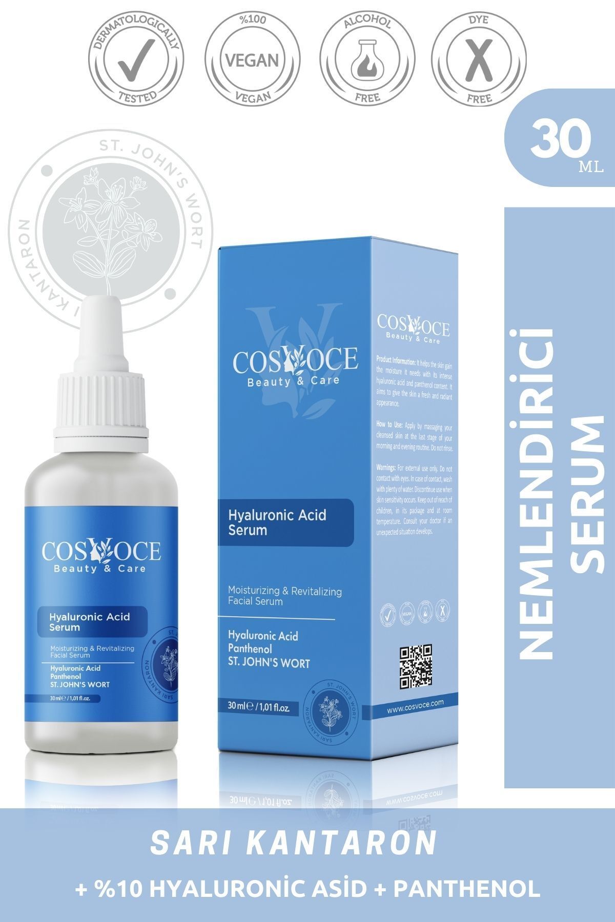 Yoğun Nemlendirme ve Dolgunlaştırıcı Cilt Bakım Serumu 30 ml (Hyaluronic Acid + Panthenol)